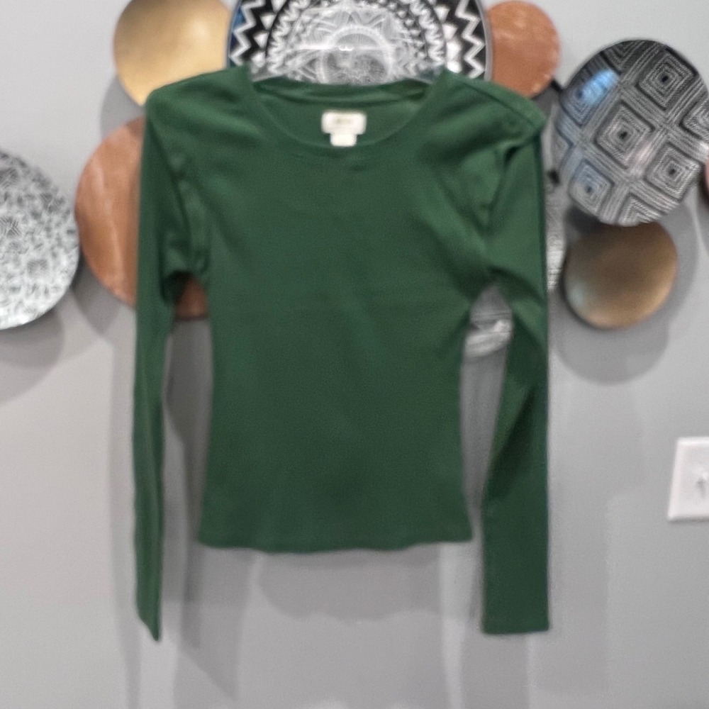 Maeve Anthropologie Green Ribbed Long Sleeve Shoulder Detail Top Medium